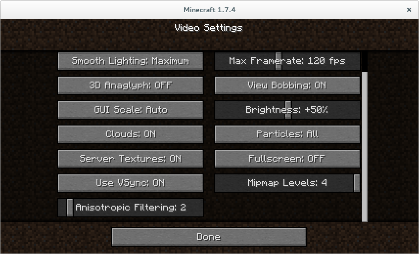 Minecraft settings showing anisotropic filtering set to 2