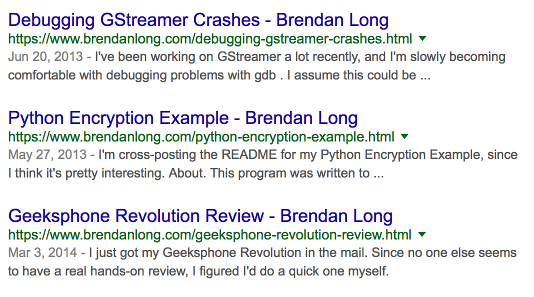 Google search results for site:brendanlong.com