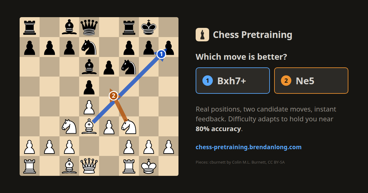 The app's preview card: a chess position with two candidate moves drawn as arrows numbered 1 and 2, beside matching numbered buttons labeled Bxh7+ and Ne5 under the question "Which move is better?" Tagline: "Real positions, two candidate moves, instant feedback. Difficulty adapts to hold you near 80% accuracy."