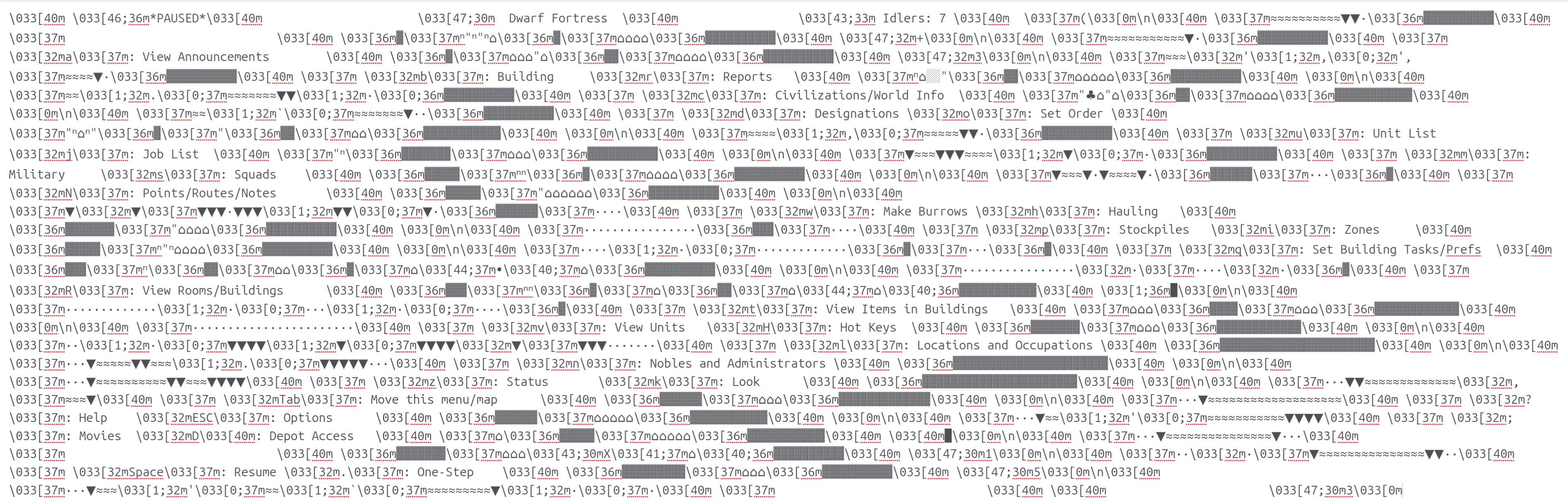Terminal output showing Dwarf Fortress screen heavily obscured by ANSI color escape codes