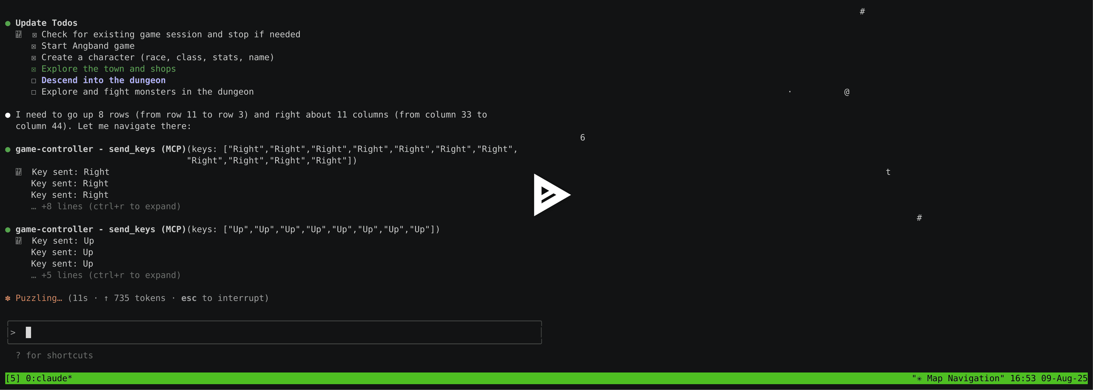 Claude Code interface showing task list with Angband roguelike game navigation commands and sparse ASCII dungeon map
