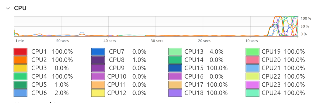 A screenshot of a system monitor app showing 24 cores, half of which are at 100% utilization and half of which are close to 0%.
