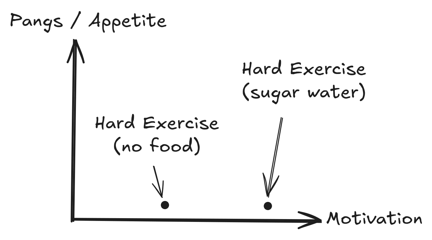 2D scatter plot with 'Pangs / Appetite' on y-axis and 'Motivation' on x-axis, showing two labeled points both at low pangs/appetite: 'Hard Exercise (no food)' at low-medium motivation and 'Hard Exercise (sugar water)' at high motivation