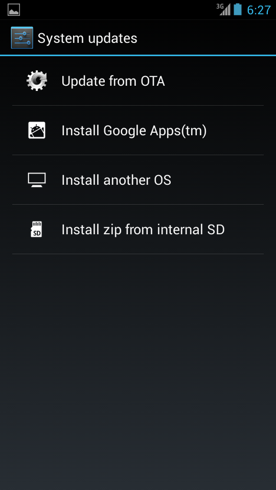 The settings screen that lets you install Google Apps or Firefox OS