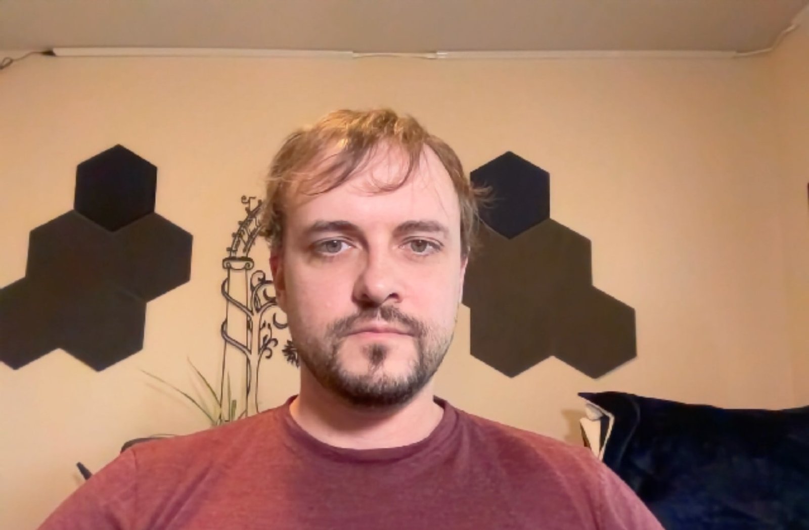 MacBook Pro built-in webcam capture with room lighting and a key light. While the face is adequately lit, the image has a noticeably warm/orange color cast, reduced sharpness, and lower overall quality compared to the dedicated Logitech C920 webcam captures.