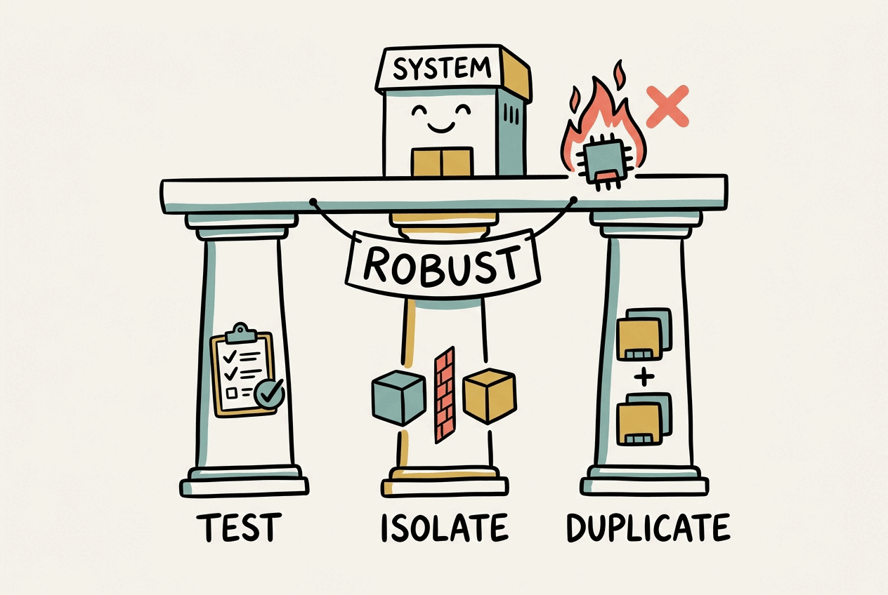 Three hand-drawn pillars labeled "Test", "Isolate", and "Duplicate" hold up a platform carrying a smiling box labeled "System" hung with a banner reading "Robust". One component sitting on the platform is on fire and marked with a red X, but the platform stays level and the system keeps smiling.